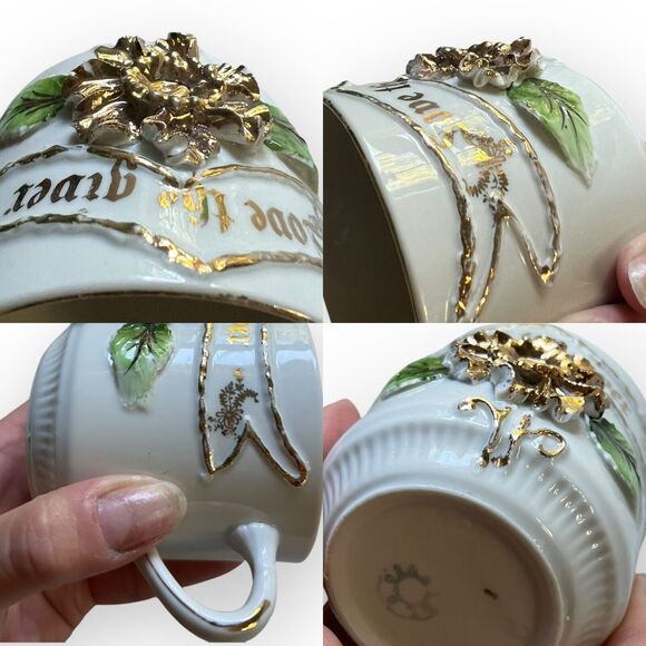 Antique Vtg Made in Germany Porcelain Embossed Floral "Love the Giver" Mug, Cup - Picture 6 of 13